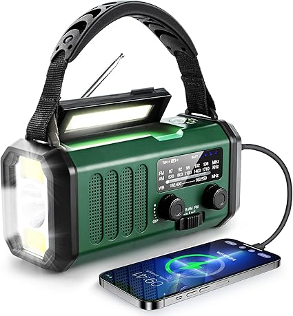 Radio de emergencia solar con batería de 10000 mAh, NOAA/AM/FM, carga USB tipo C, linterna LED y radio de dinamo, ideal para camping y supervivencia.